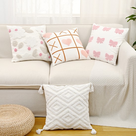 Cross-border ins Nordic embroidered bow and flower sofa pillows, tufted girly heart cushions for home decor