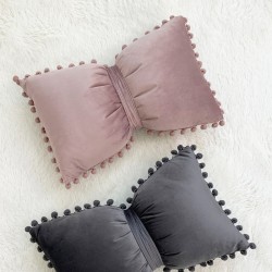 Ins solid velvet pompom bow pillow, sweet girlish pillow cover, dual-use sofa cushion
