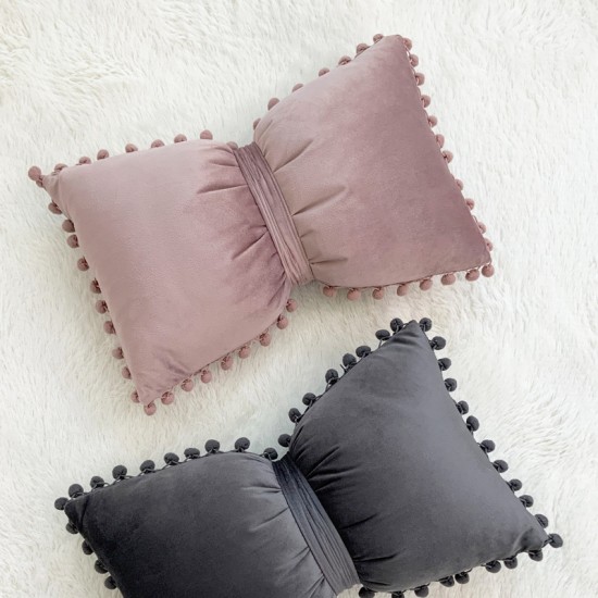 Ins solid velvet pompom bow pillow, sweet girlish pillow cover, dual-use sofa cushion