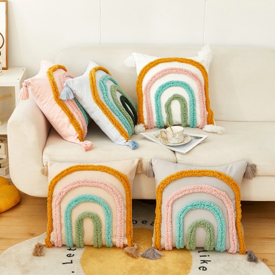 American retro handmade tassel pillowcase, living room sofa lumbar pillow, light luxury bed cushion, office lumbar support.
