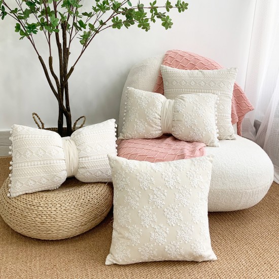 French light luxury mesh lace pillow, ins cotton and linen floral sofa cushion cover, dual-use bow lumbar pillow