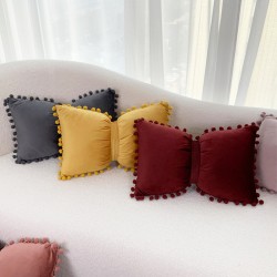 Ins solid velvet pompom bow pillow, sweet girlish pillow cover, dual-use sofa cushion