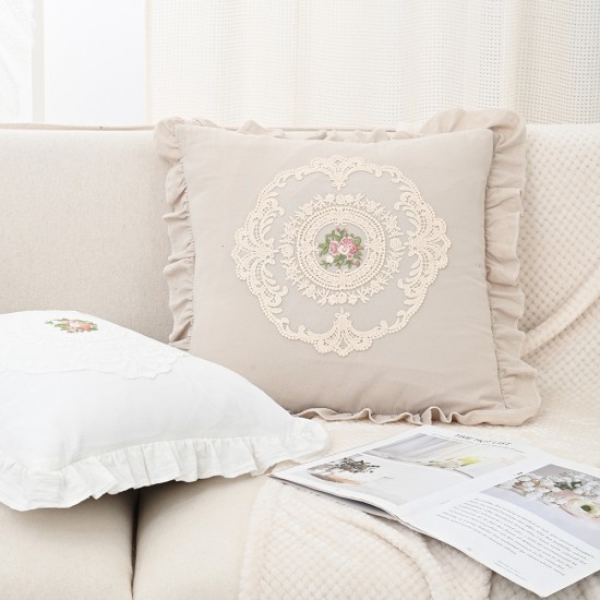 French lace pillow, all-cotton white ins square lumbar pillow, American sofa bedroom backrest cushion