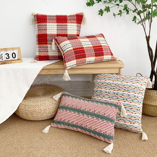 INS solid color saffron colored cotton and rowan flower throw pillowcases, handmade. Office sofa and chair lumbar pillows