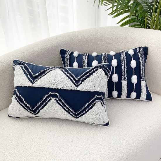 Home pillow sets with polyester-cotton yarn-dyed velvet, pompoms, and tie-stitching, PU leather, and tassel tassels for living rooms.