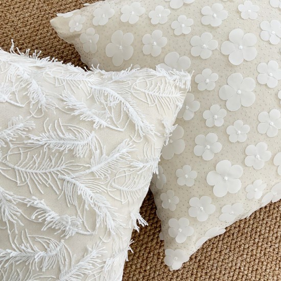 French luxury 3D lace embroidered pillow, ins cotton and linen embossed butterfly and feather, girly sofa cushion