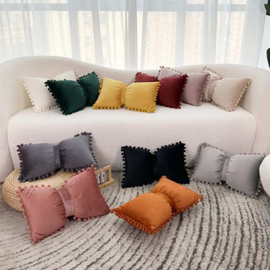 Ins solid velvet pompom bow pillow, sweet girlish pillow cover, dual-use sofa cushion