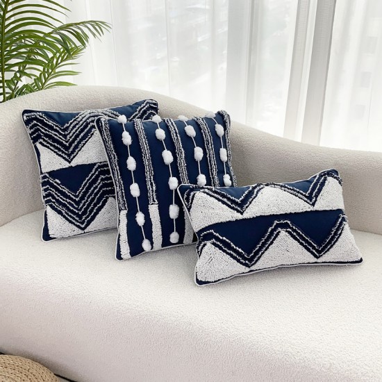 Home pillow sets with polyester-cotton yarn-dyed velvet, pompoms, and tie-stitching, PU leather, and tassel tassels for living rooms.
