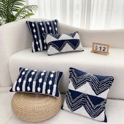 Home pillow sets with polyester-cotton yarn-dyed velvet, pompoms, and tie-stitching, PU leather, and tassel tassels for living rooms.