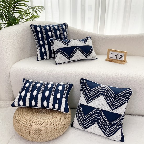 Home pillow sets with polyester-cotton yarn-dyed velvet, pompoms, and tie-stitching, PU leather, and tassel tassels for living rooms.